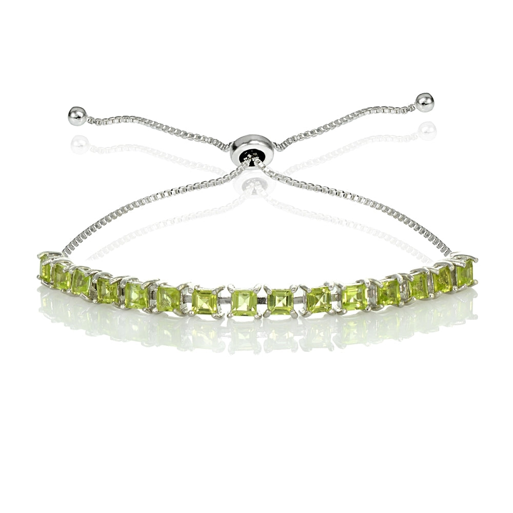 Sterling Silver 3mm Peridot Princess-cut Adjustable Bolo Tennis Bracelet