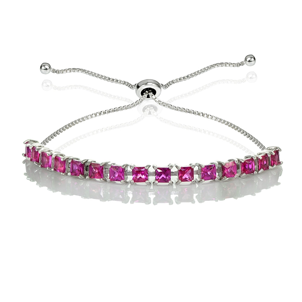 Sterling Silver 3mm Created Ruby Princess-cut Adjustable Bolo Tennis Bracelet
