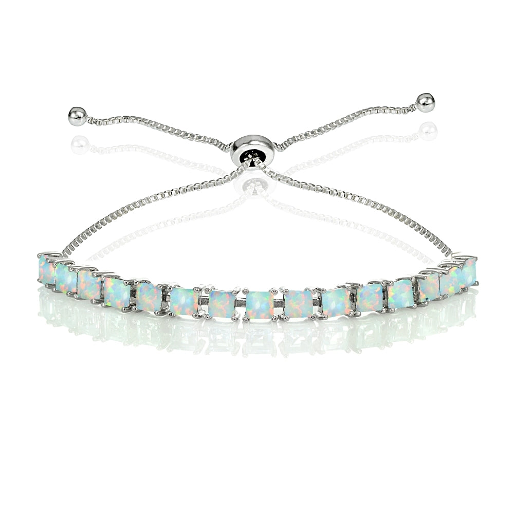 Sterling Silver 3mm Created White Opal Princess-cut Adjustable Bolo Tennis Bracelet