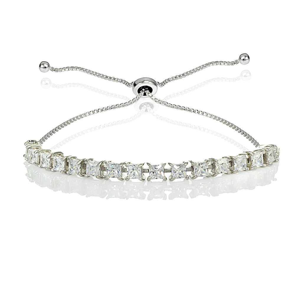 Sterling Silver 3mm Cubic Zirconia Princess-cut Adjustable Bolo Tennis Bracelet