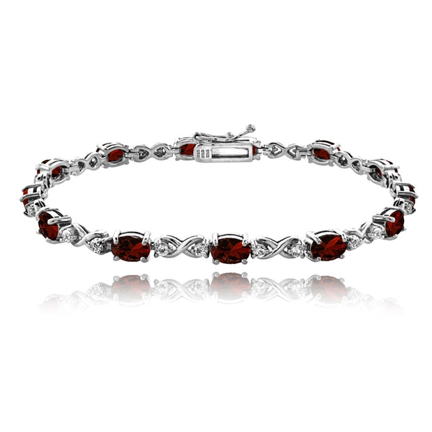Sterling Silver Garnet 6x4mm Oval Infinity Bracelet with White Topaz Accents