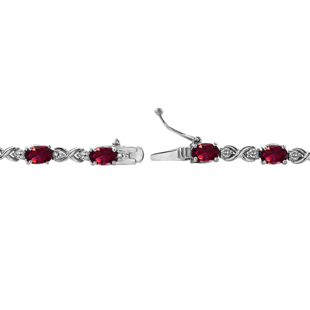 Sterling Silver Created Ruby 6x4mm Oval Infinity Bracelet with White Topaz Accents