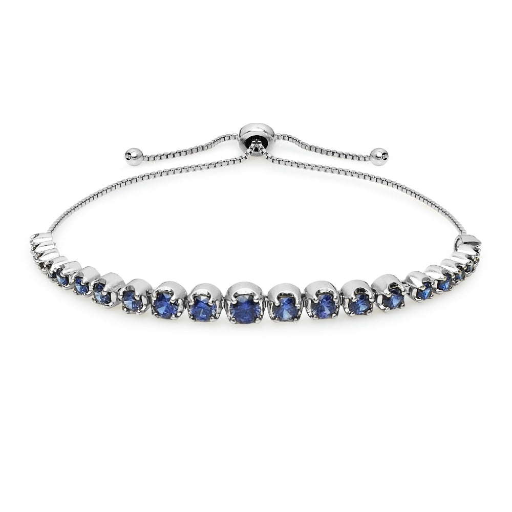 Sterling Silver Blue Cubic Zirconia Round Graduated Adjustable Bolo Bracelet