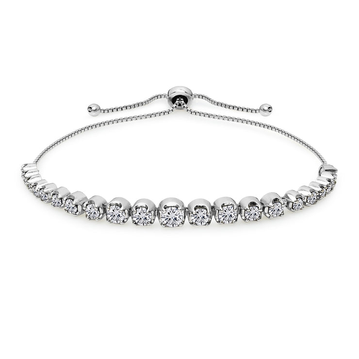Sterling Silver Cubic Zirconia Round Graduated Adjustable Bolo Bracelet