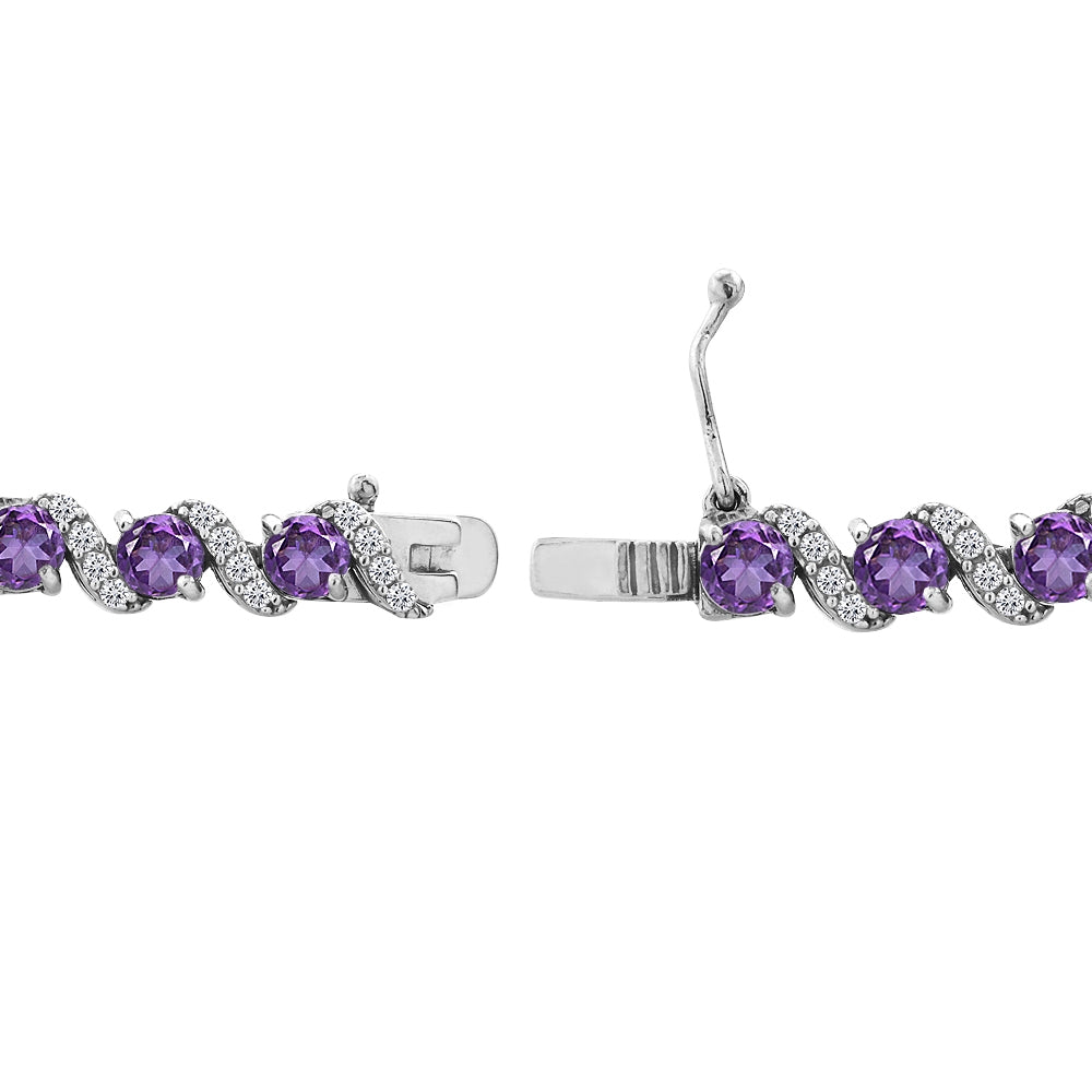 Sterling Silver African Amethyst 4mm Round-Cut S Design Tennis Bracelet with White Topaz Accents-2