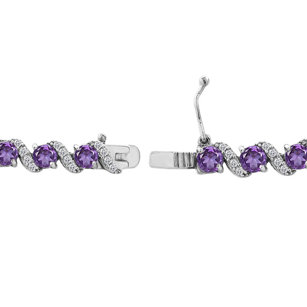 Sterling Silver African Amethyst 4mm Round-Cut S Design Tennis Bracelet with White Topaz Accents