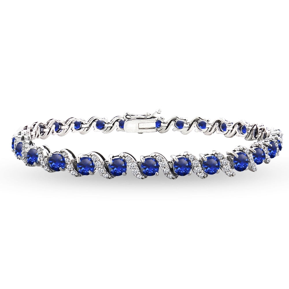 Sterling Silver Created Blue Sapphire 4mm Round-Cut S Design Tennis Bracelet with White Topaz Accents