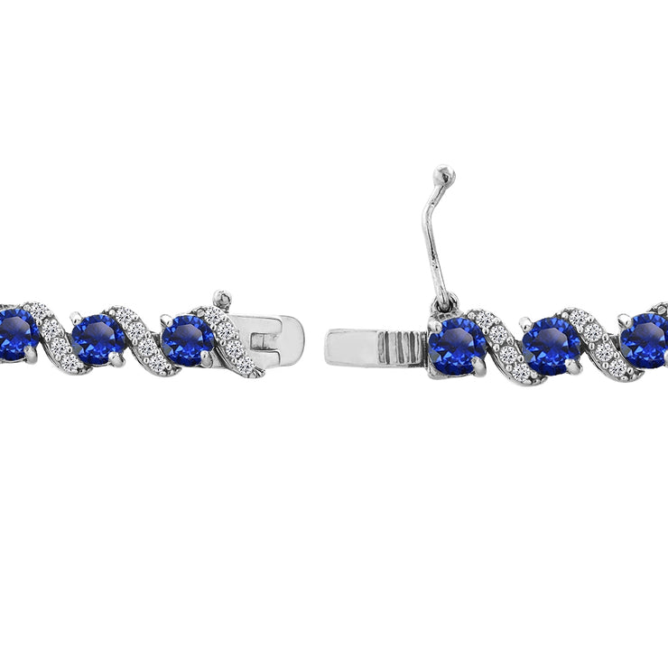 Sterling Silver Created Blue Sapphire 4mm Round-Cut S Design Tennis Bracelet with White Topaz Accents