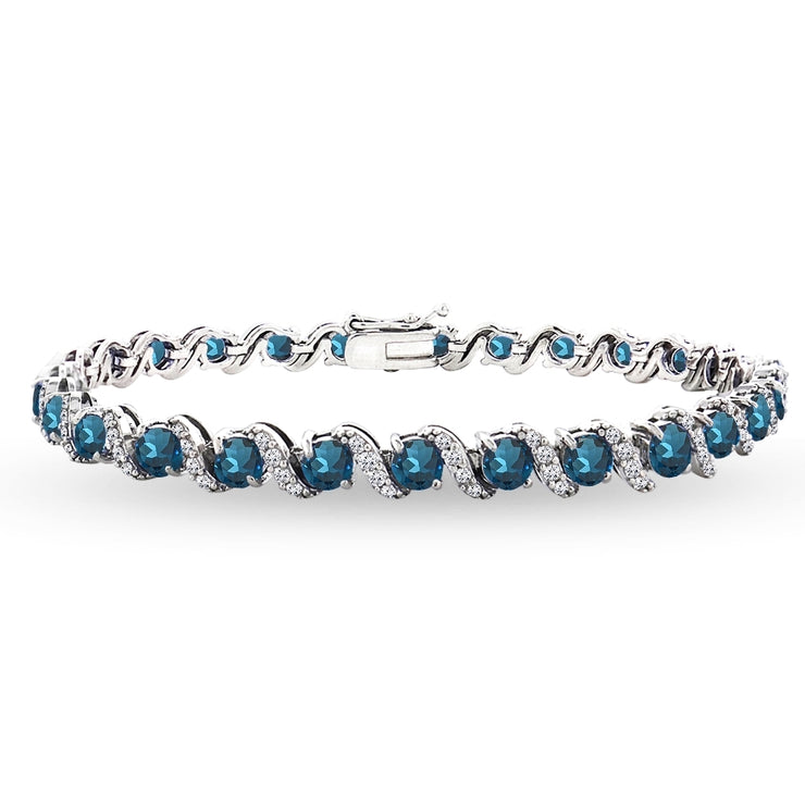 Sterling Silver London Blue Topaz 4mm Round-Cut S Design Tennis Bracelet with White Topaz Accents
