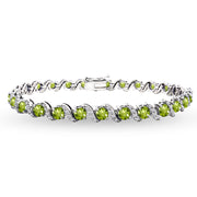 Sterling Silver Periodot 4mm Round-Cut S Design Tennis Bracelet with White Topaz Accents