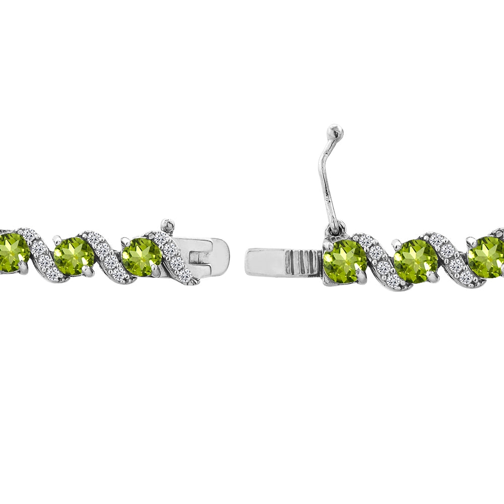 Sterling Silver Periodot 4mm Round-Cut S Design Tennis Bracelet with White Topaz Accents-2