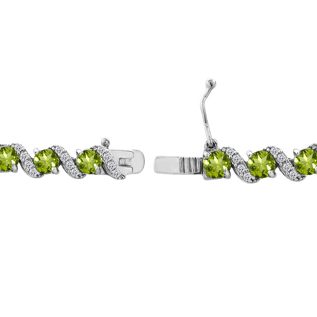 Sterling Silver Periodot 4mm Round-Cut S Design Tennis Bracelet with White Topaz Accents