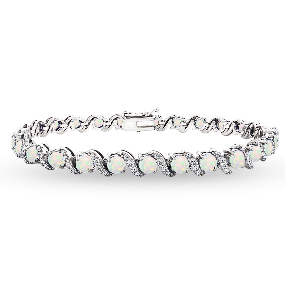 Sterling Silver Created White Opal 4mm Round-Cut S Design Tennis Bracelet with White Topaz Accents