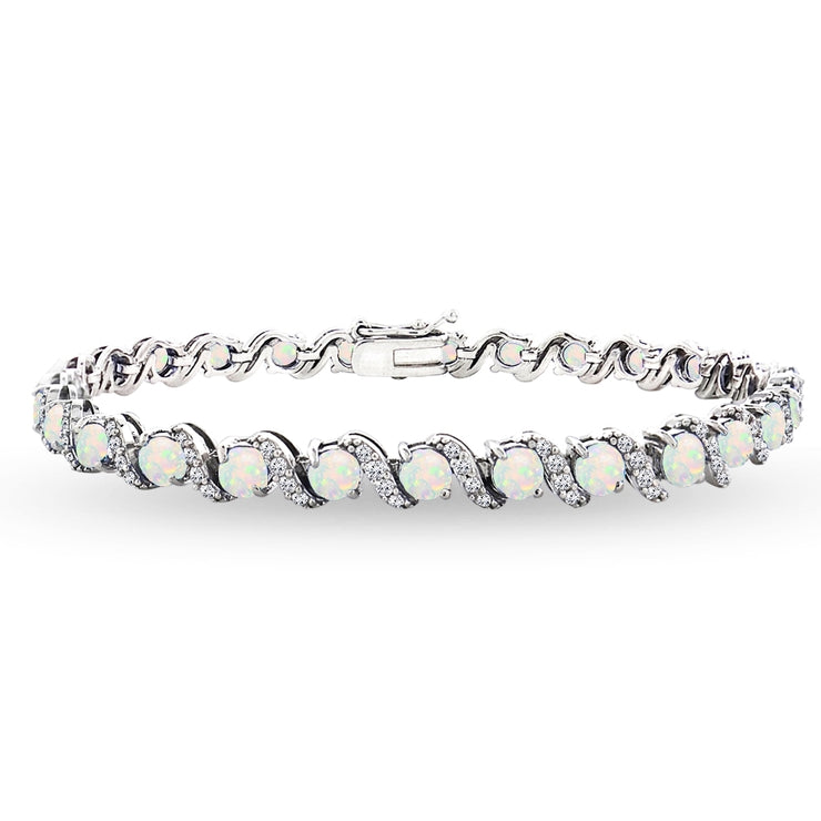Sterling Silver Created White Opal 4mm Round-Cut S Design Tennis Bracelet with White Topaz Accents