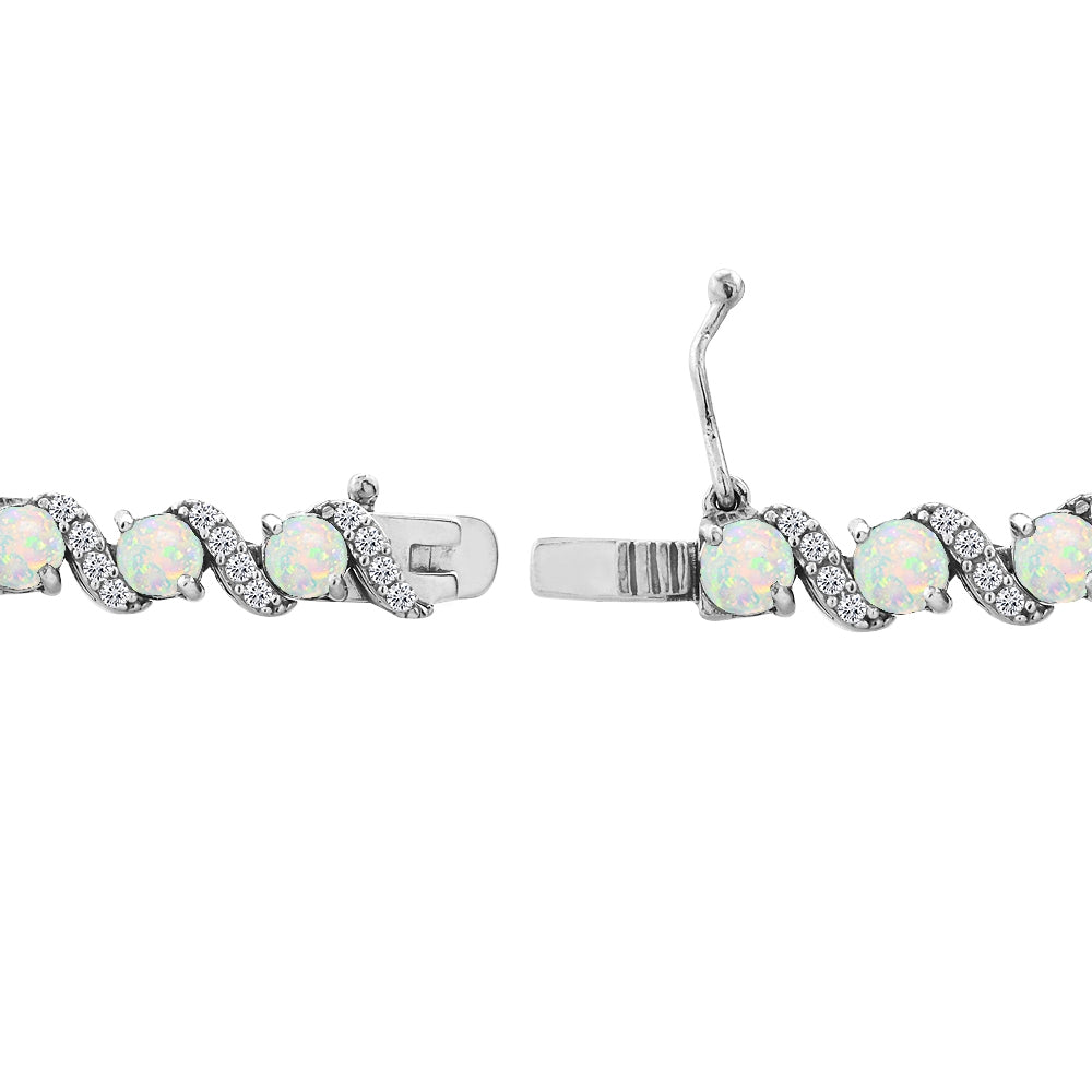 Sterling Silver Created White Opal 4mm Round-Cut S Design Tennis Bracelet with White Topaz Accents-2