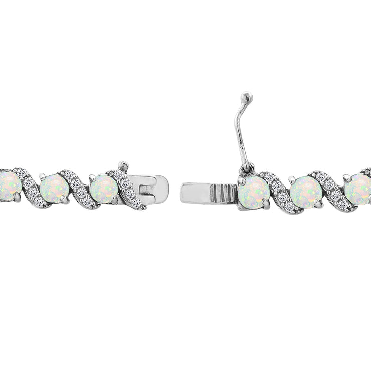 Sterling Silver Created White Opal 4mm Round-Cut S Design Tennis Bracelet with White Topaz Accents