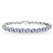 Sterling Silver Tanzanite 4mm Round-Cut S Design Tennis Bracelet with White Topaz Accents