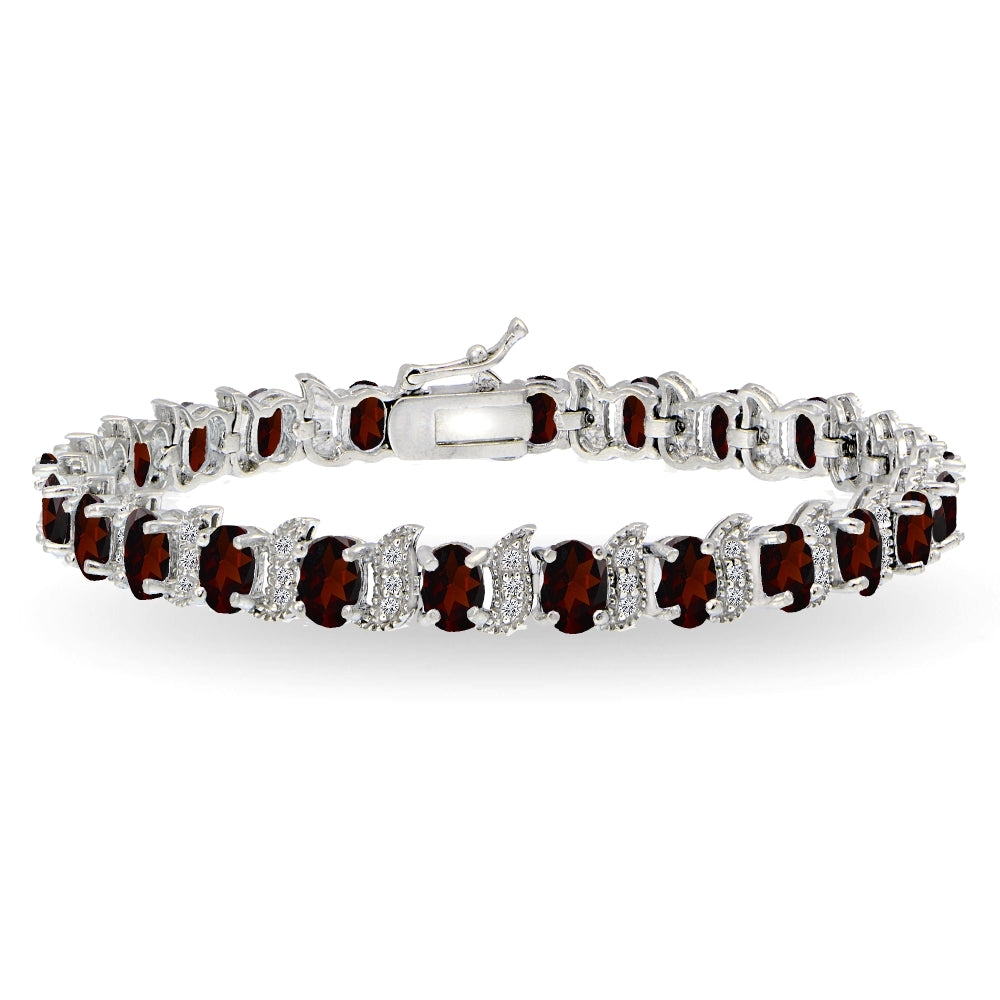 Sterling Silver Garnet 6x4mm Oval and S Tennis Bracelet with White Topaz Accents