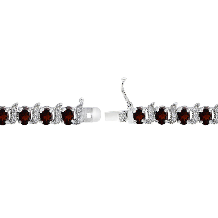 Sterling Silver Garnet 6x4mm Oval and S Tennis Bracelet with White Topaz Accents