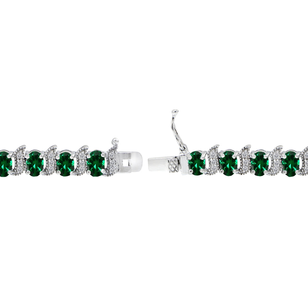 Sterling Silver Created Emerald 6x4mm Oval and S Tennis Bracelet with White Topaz Accents-2
