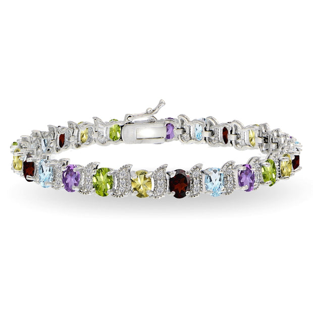 Sterling Silver Multi Gemstone 6x4mm Oval and S Tennis Bracelet with White Topaz Accents