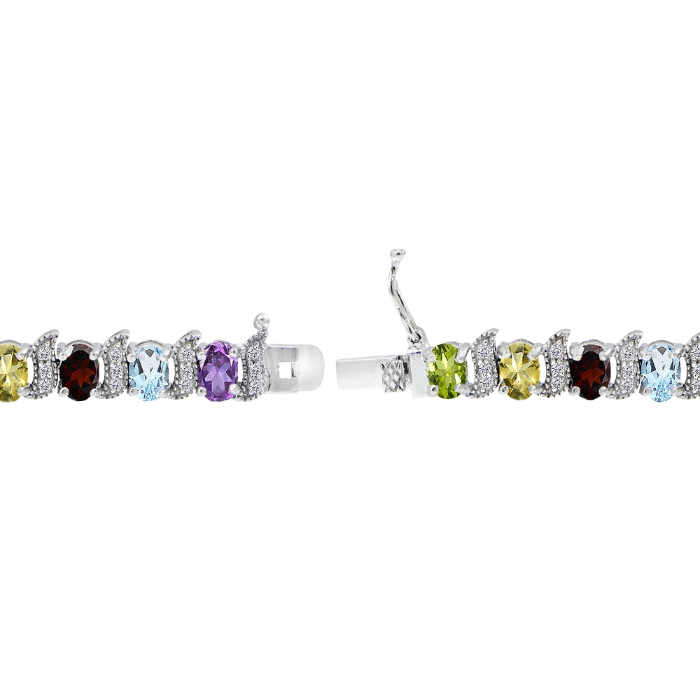 Sterling Silver Multi Gemstone 6x4mm Oval and S Tennis Bracelet with White Topaz Accents-2