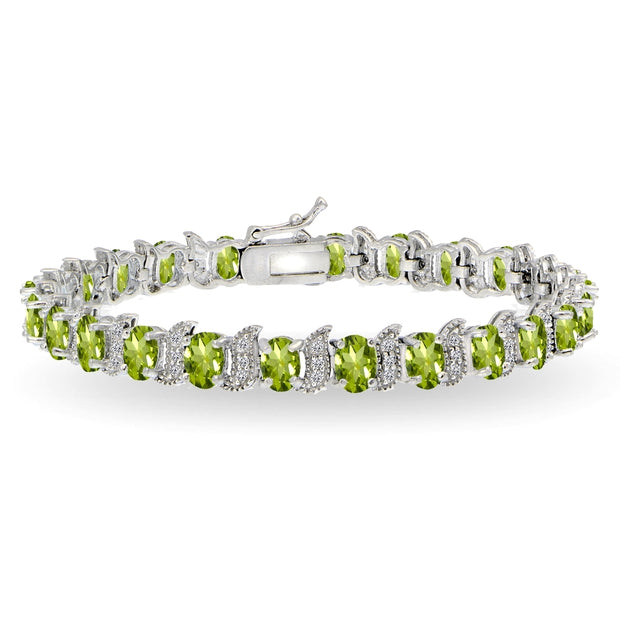 Sterling Silver Peridot 6x4mm Oval and S Tennis Bracelet with White Topaz Accents