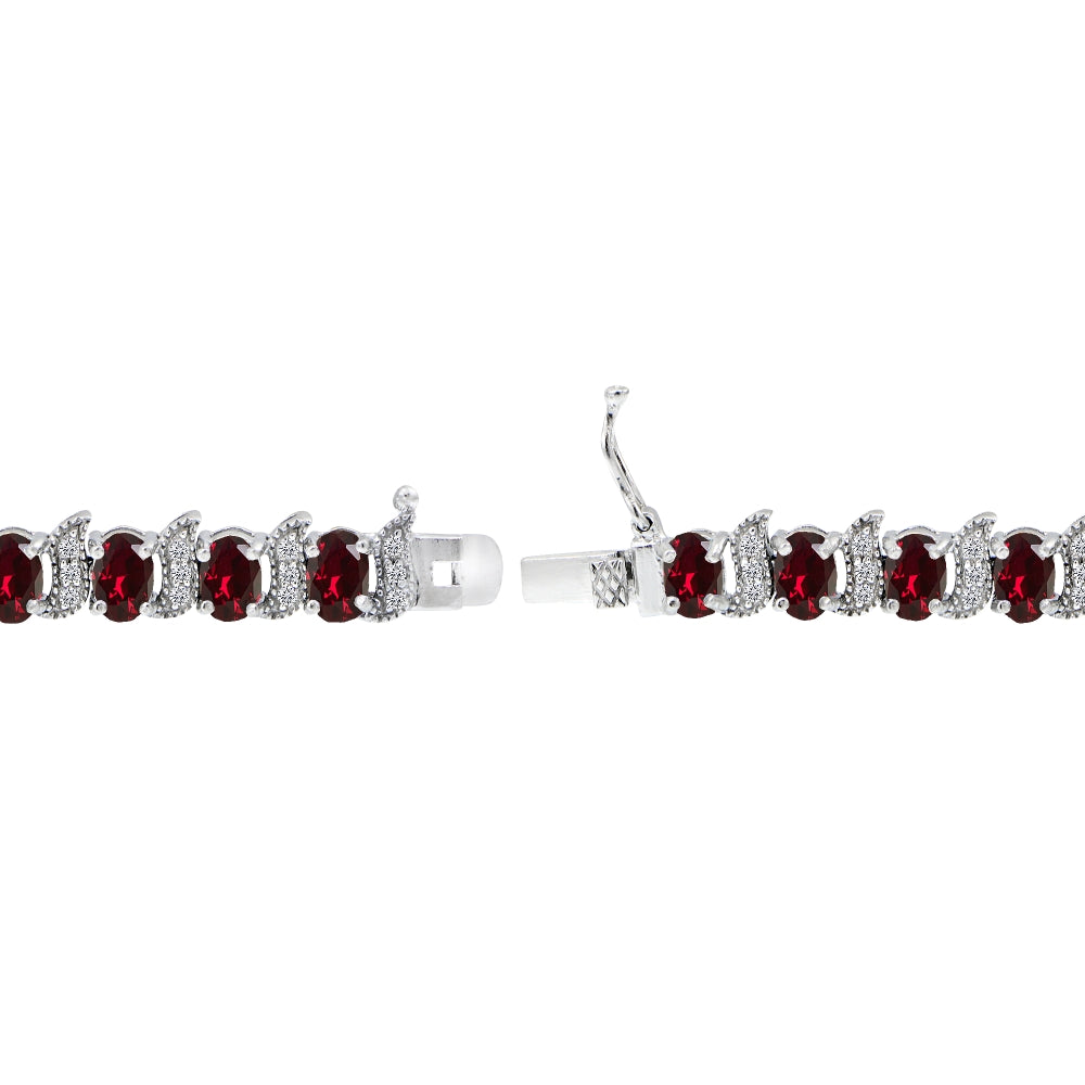 Sterling Silver Created Ruby 6x4mm Oval and S Tennis Bracelet with White Topaz Accents-2