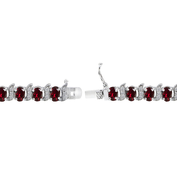 Sterling Silver Created Ruby 6x4mm Oval and S Tennis Bracelet with White Topaz Accents