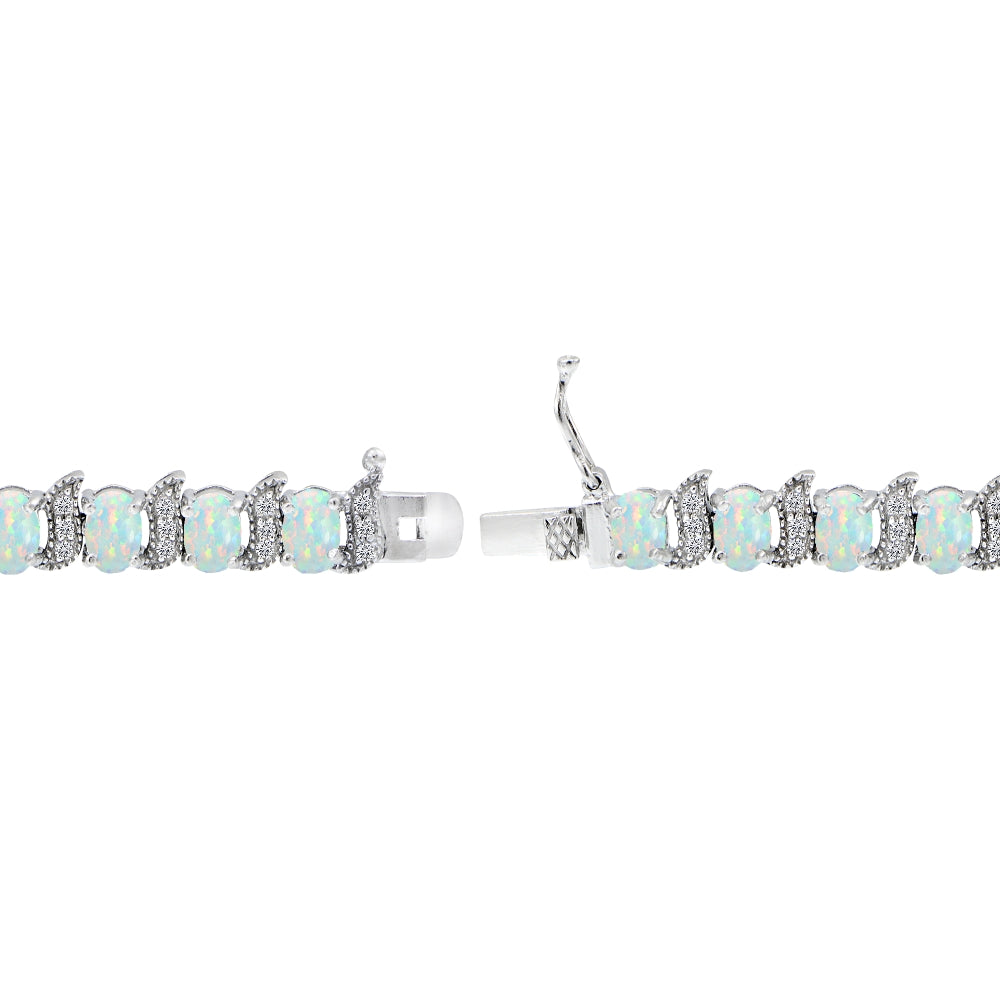 Sterling Silver Created White Opal 6x4mm Oval and S Tennis Bracelet with White Topaz Accents-2