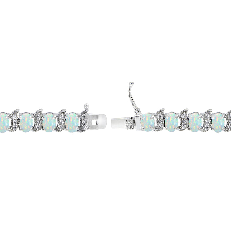 Sterling Silver Created White Opal 6x4mm Oval and S Tennis Bracelet with White Topaz Accents