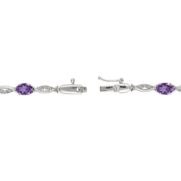 Sterling Silver African Amethyst and White Topaz Oval-Cut Swirl Tennis Bracelet