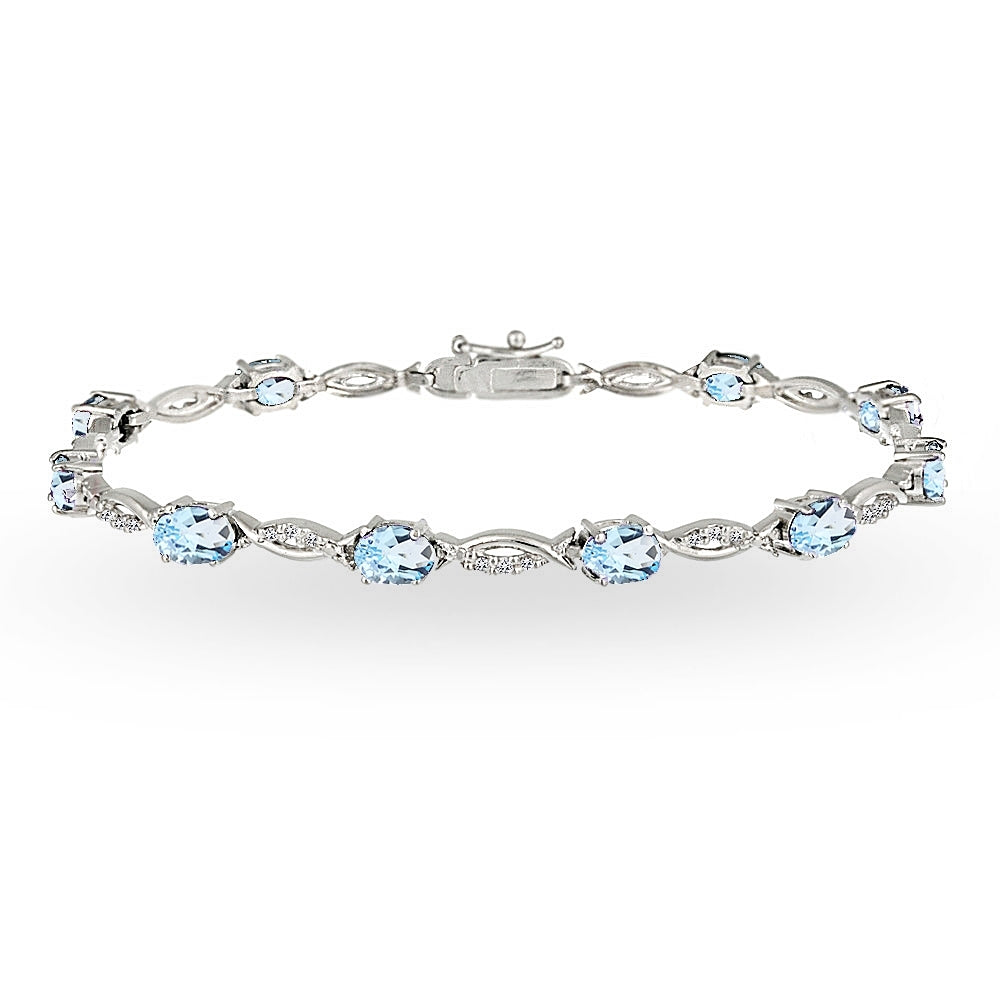 Sterling Silver Blue and White Topaz Oval-Cut Swirl Tennis Bracelet
