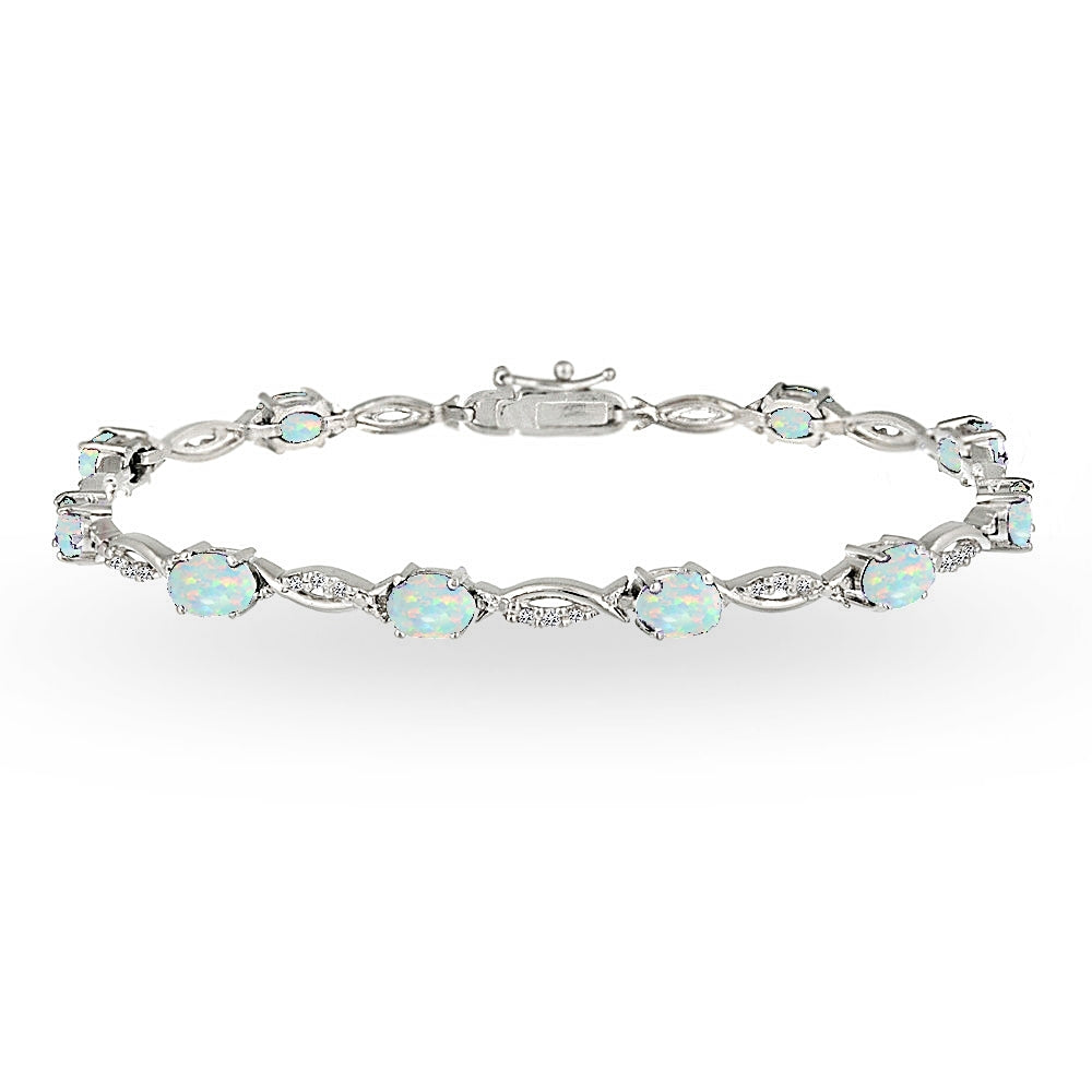 Sterling Silver Created White Opal and White Topaz Oval-Cut Swirl Tennis Bracelet