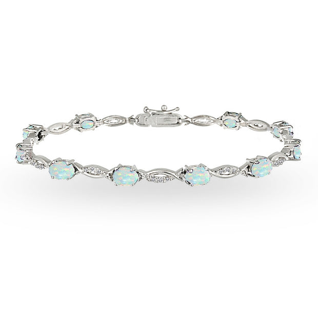 Sterling Silver Created White Opal and White Topaz Oval-Cut Swirl Tennis Bracelet