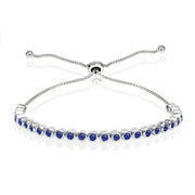 Sterling Silver Created Blue Sapphire 2mm Round Bezel-set Adjustable Dainty Tennis Bracelet