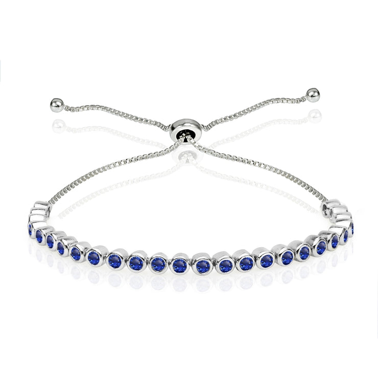 Sterling Silver Created Blue Sapphire 2mm Round Bezel-set Adjustable Dainty Tennis Bracelet