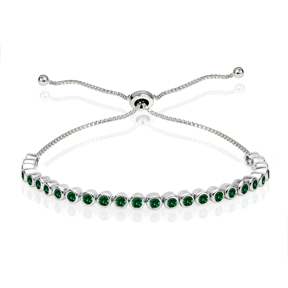 Sterling Silver Created Emerald 2mm Round Bezel-set Adjustable Dainty Tennis Bracelet