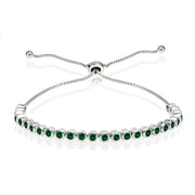 Sterling Silver Created Emerald 2mm Round Bezel-set Adjustable Dainty Tennis Bracelet