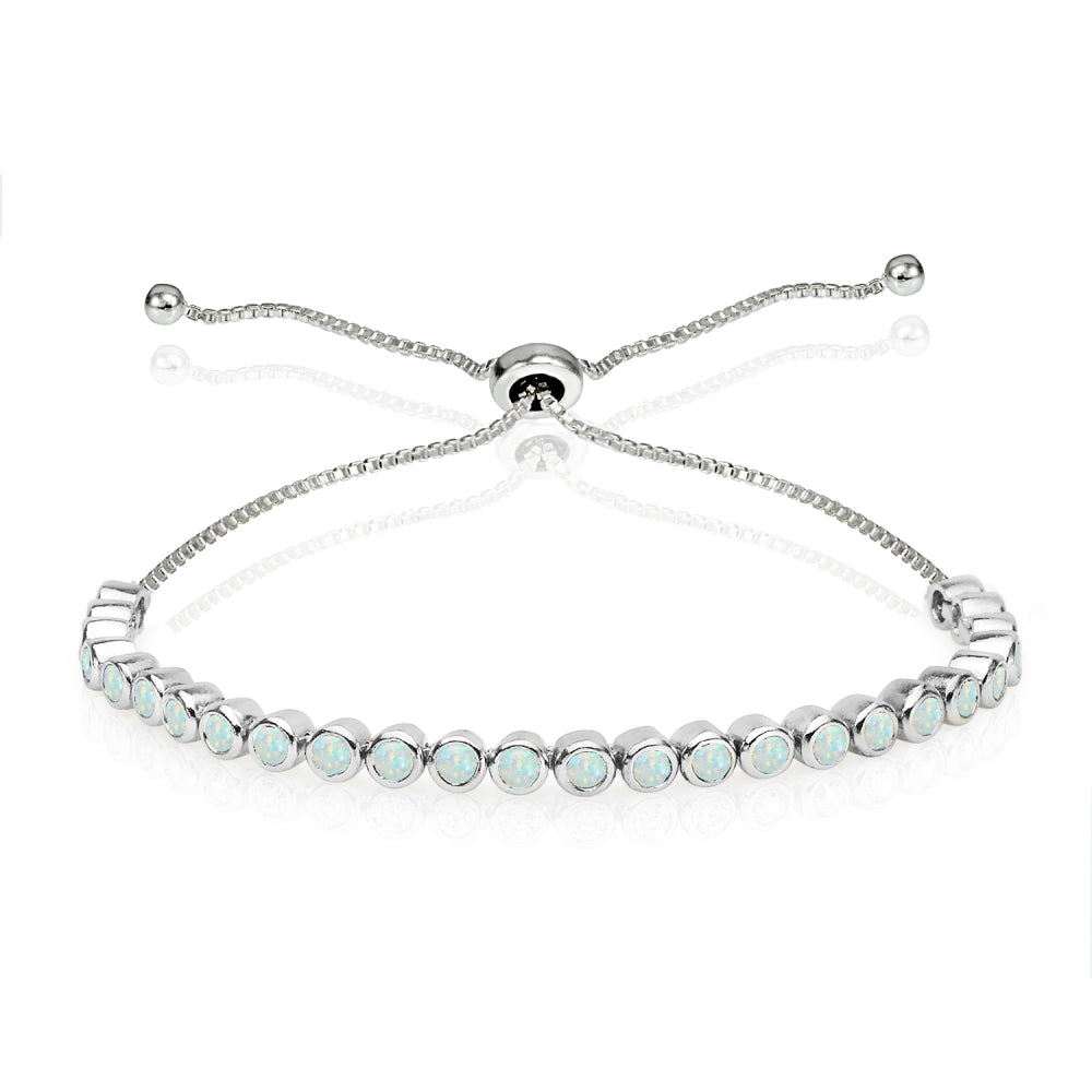 Sterling Silver Created White Opal 2mm Round Bezel-set Adjustable Dainty Tennis Bracelet