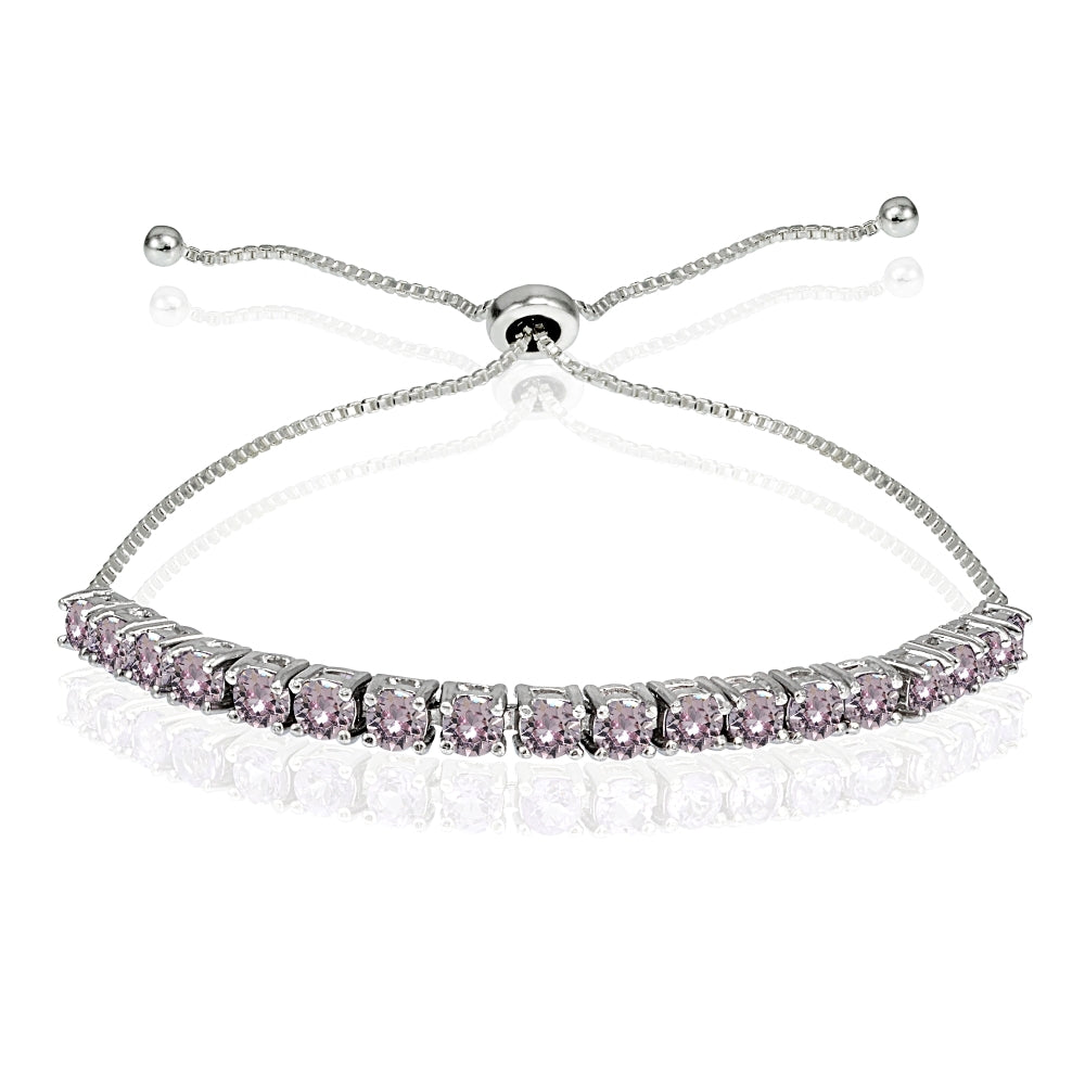 Sterling Silver 3mm Pink Round-cut Bolo Adjustable Bracelet made with Swarovski Crystals