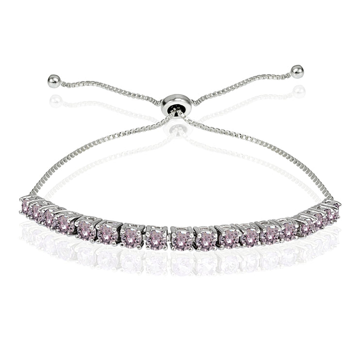 Sterling Silver 3mm Pink Round-cut Bolo Adjustable Bracelet made with Swarovski Crystals