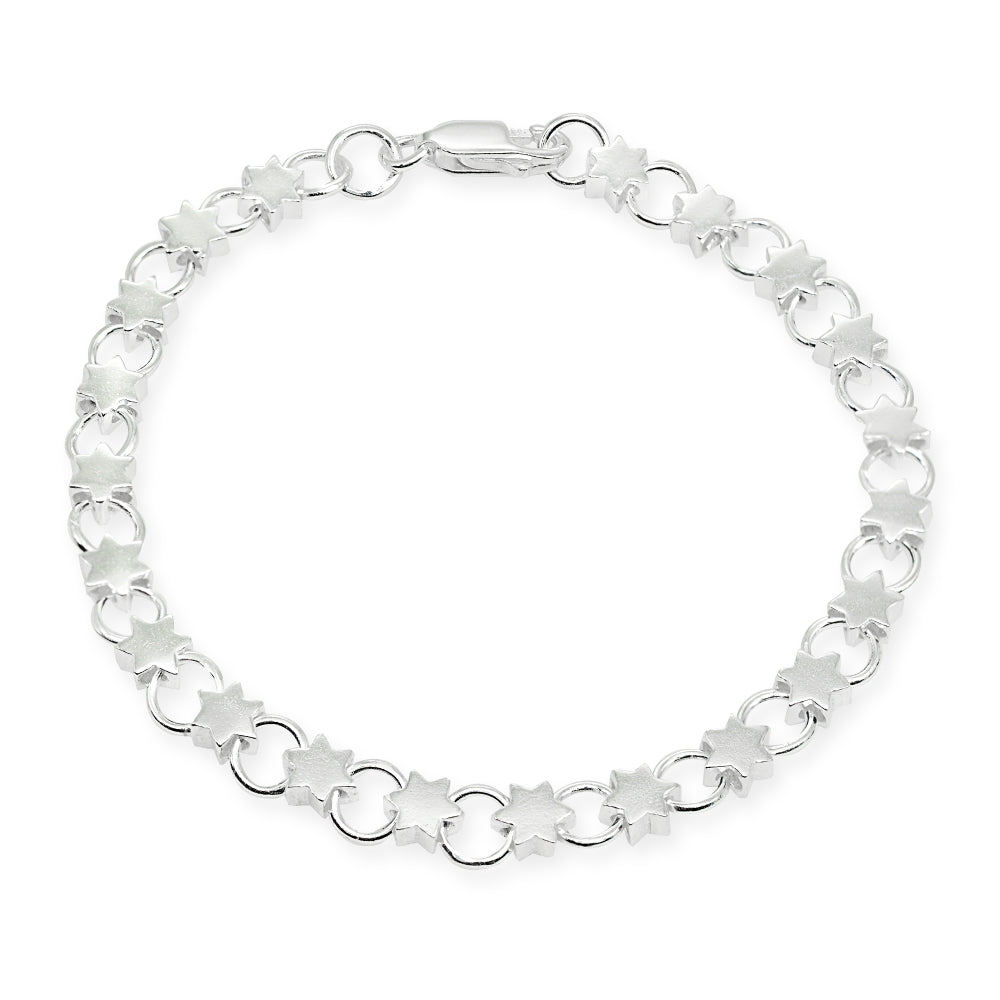 Sterling Silver High Polished Star and Circle Link Chain Bracelet, 7.25 Inches