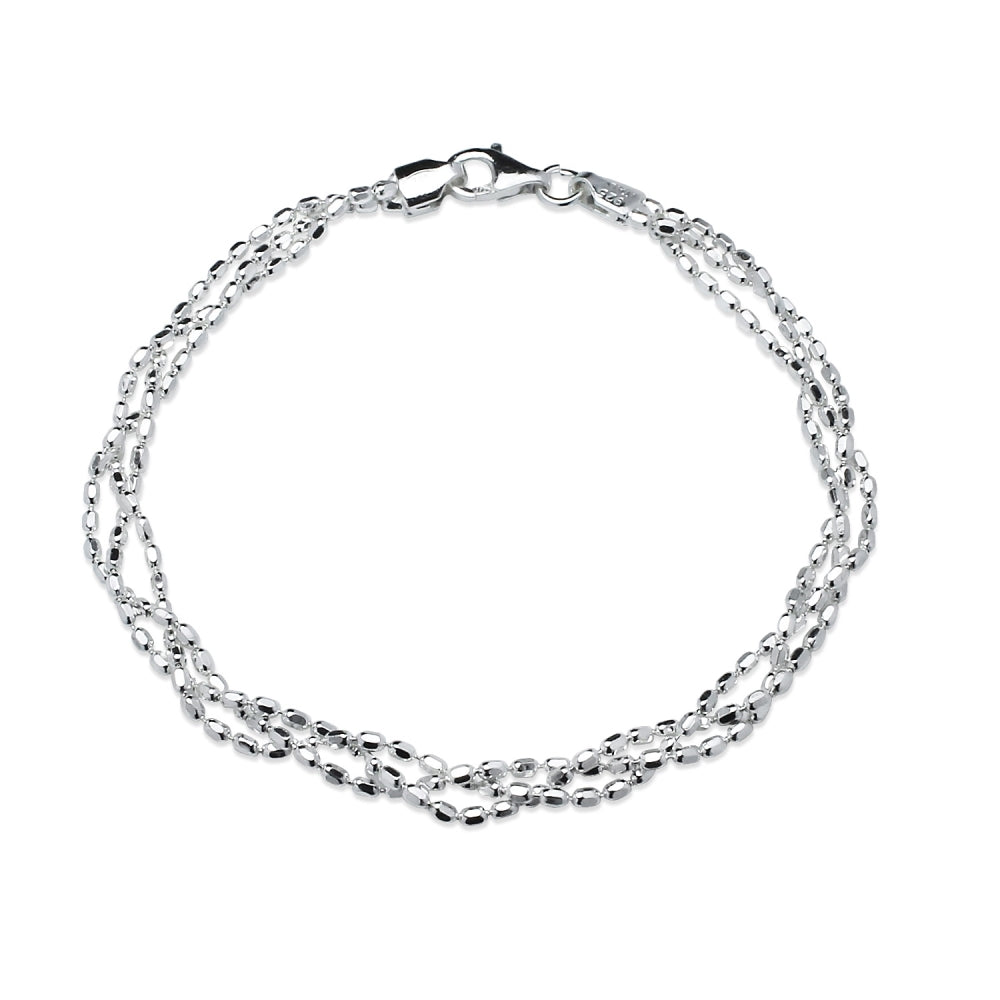 Sterling Silver Polished Italian Triple Layer Oval Diamond-Cut Braided Bead Chain Bracelet, 7 Inches