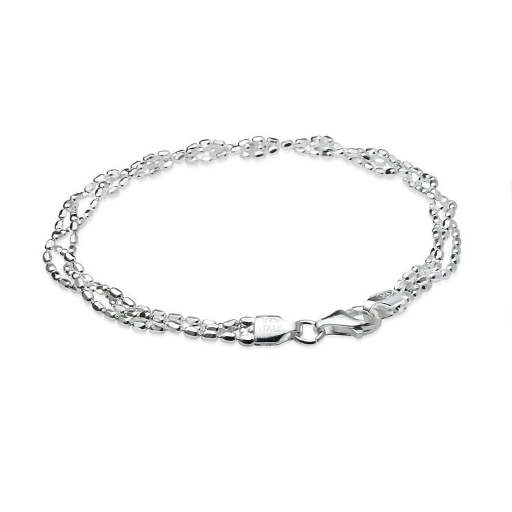 Sterling Silver Polished Italian Triple Layer Oval Diamond-Cut Braided Bead Chain Bracelet, 7 Inches