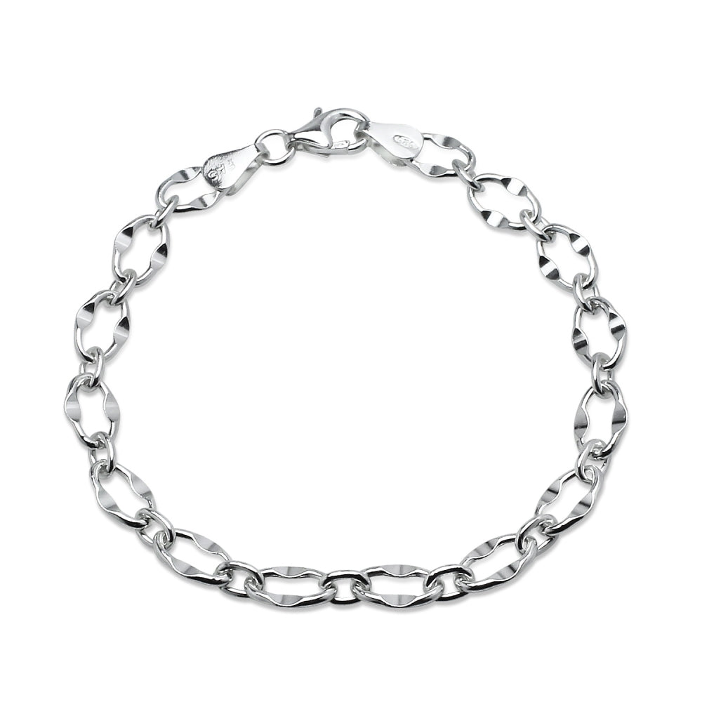 Sterling Silver High Polished Italian Dapped Oval Link Chain Bracelet, 7 Inches