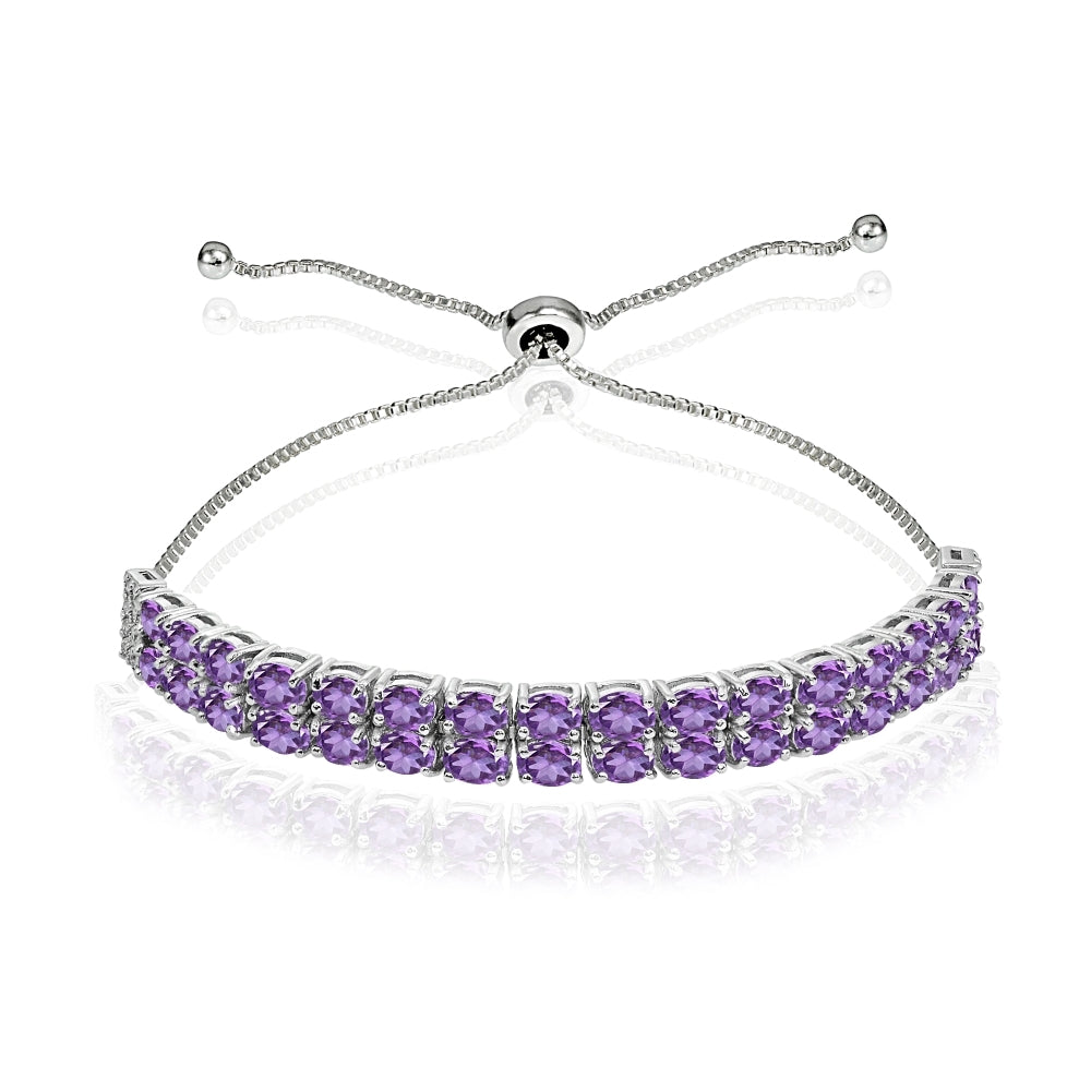 Sterling Silver African Amethyst Oval-Cut Two Row Adjustable Tennis Bracelet