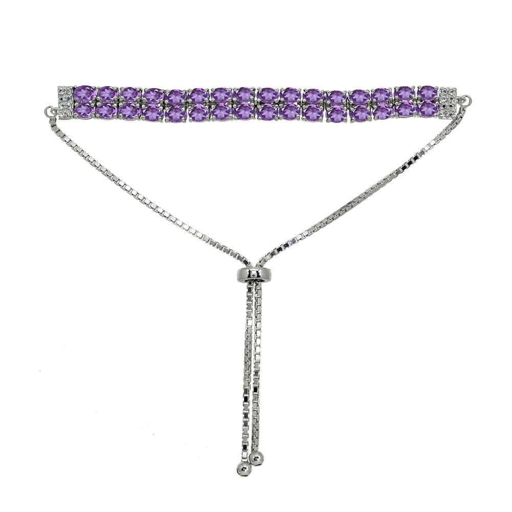 Sterling Silver African Amethyst Oval-Cut Two Row Adjustable Tennis Bracelet-2