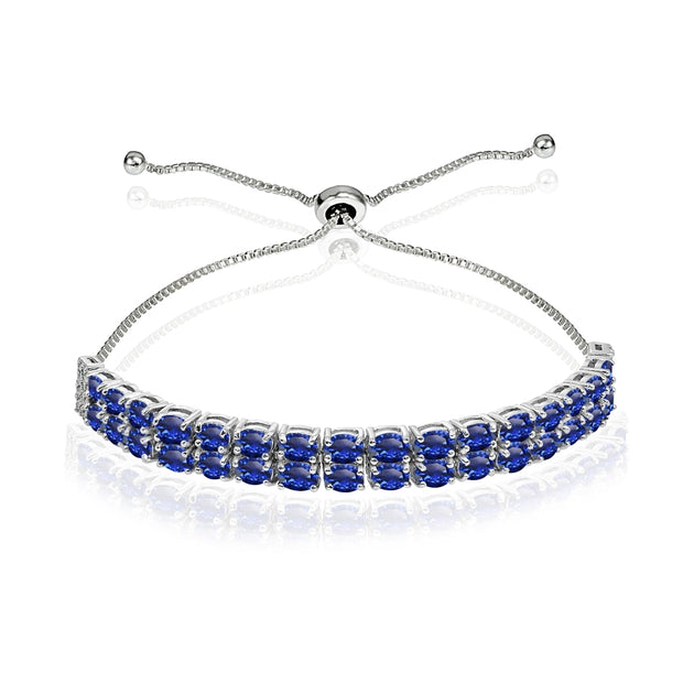 Sterling Silver Created Blue Sapphire Oval-Cut Two Row Adjustable Tennis Bracelet
