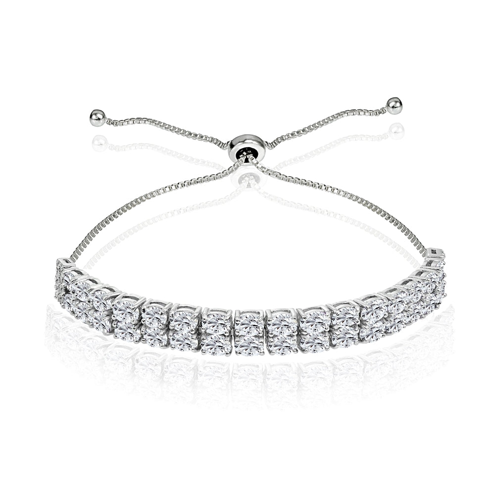 Sterling Silver Created White Sapphire Oval-Cut Two Row Adjustable Tennis Bracelet